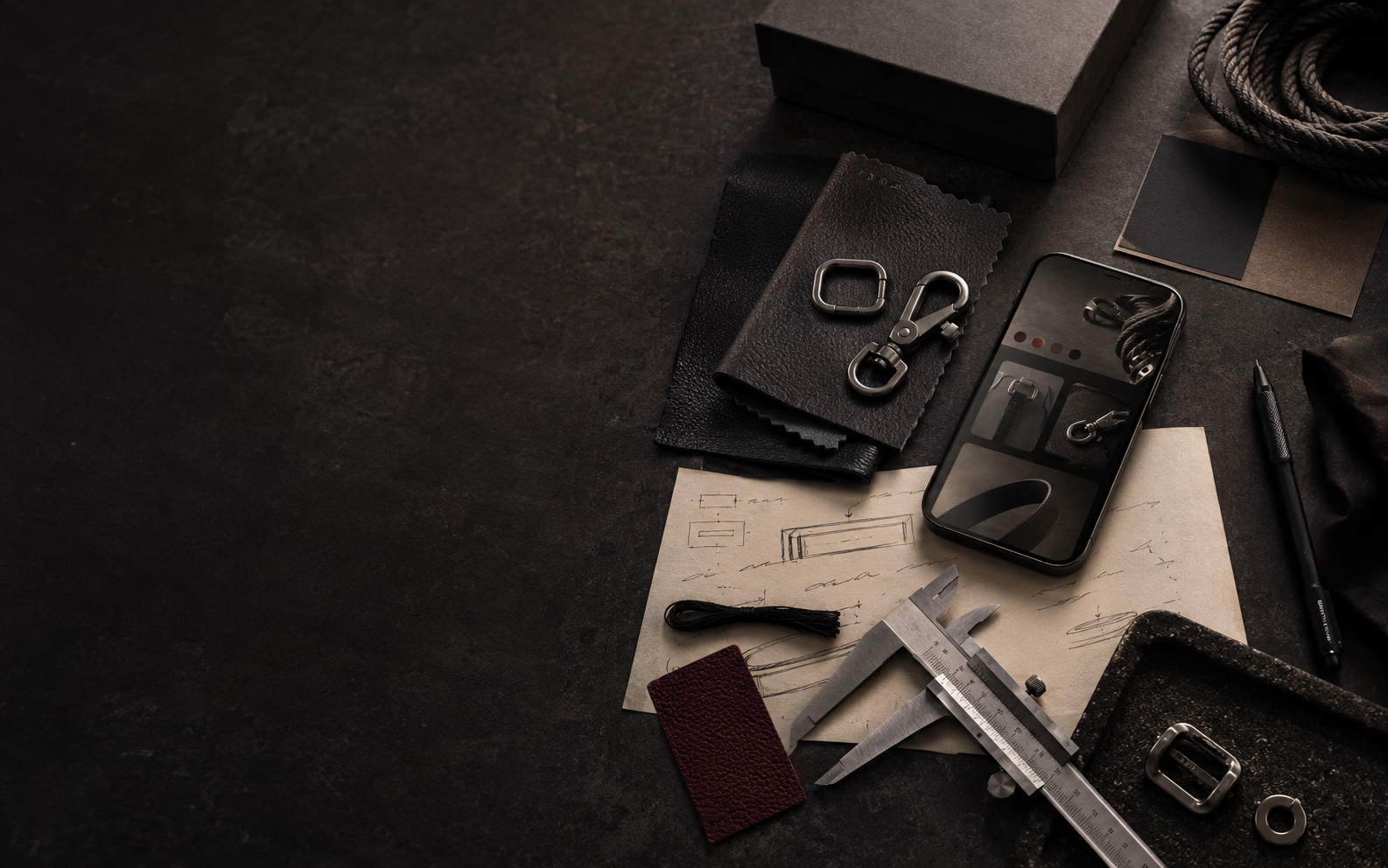 Materials, measurement tools, packaging details, and an ecommerce product page arranged on a dark worktable.